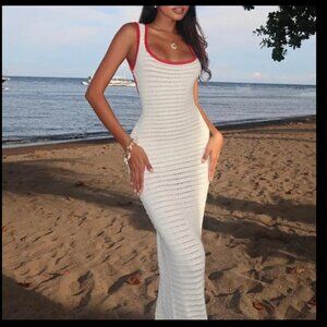 ISO Tiger Mist Marleigh Dress Size XXS - Crochet White Maxi Dress with Red Trim